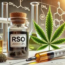 RSO Rick Simpson Oil glass jar with cannabis leaf illustration, medical dosing syringe, and molecular chemistry symbols - Rick Simpson Oil dosage protocol guide