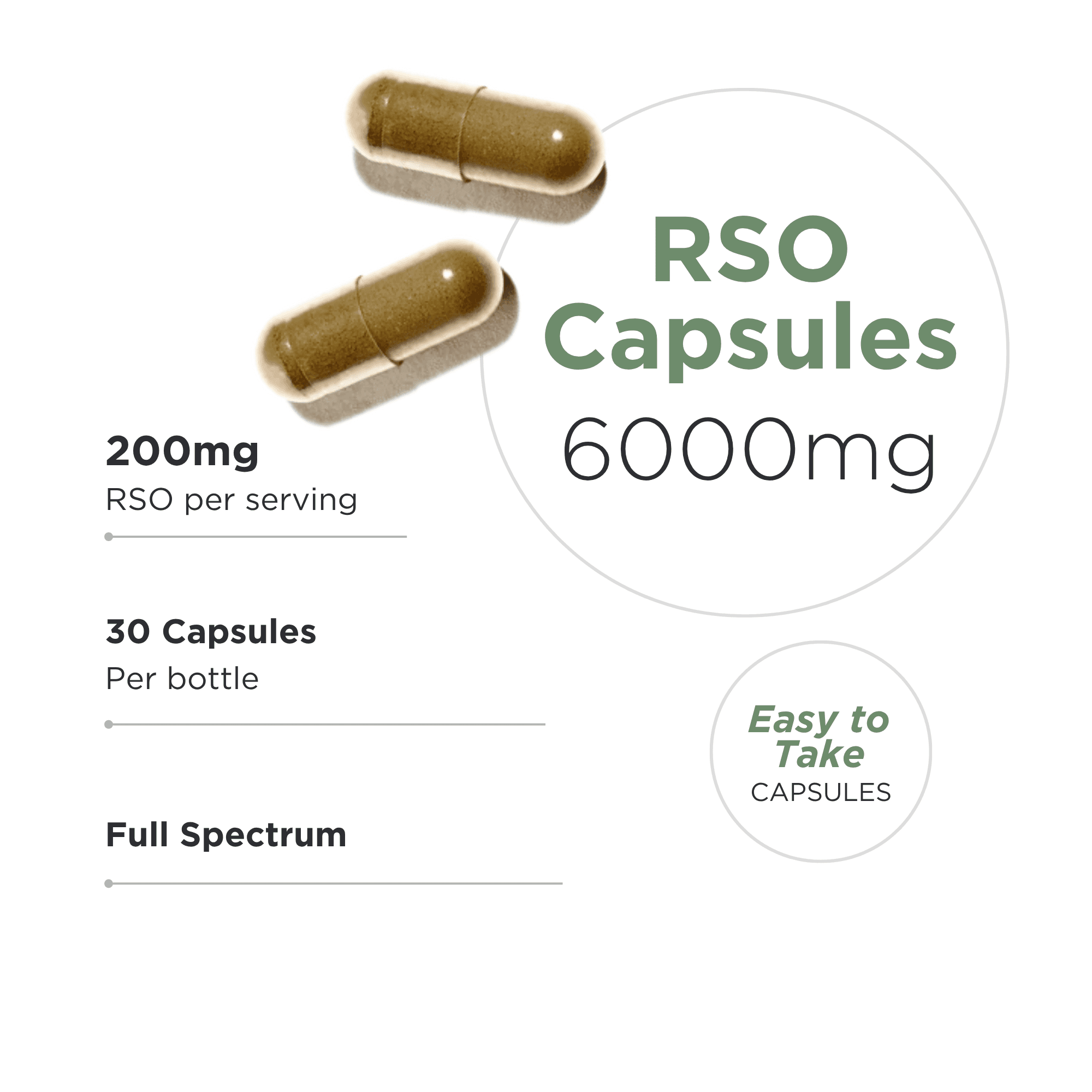 RSO Capsules 6000mg - 200mg RSO per serving, 30 capsules per bottle - Full Spectrum cannabis extract - Easy to take capsules